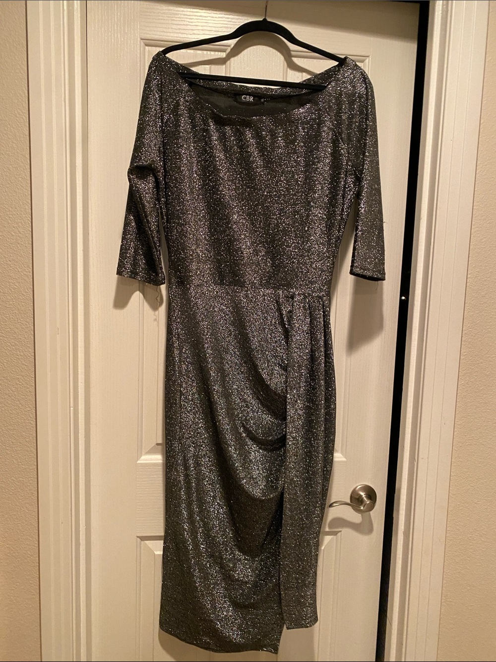 CBR Metallic Silver Midi Dress with Boat Neck